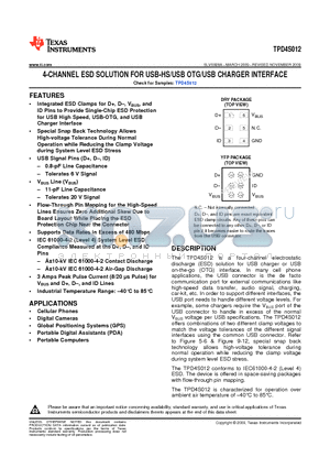 TPD4S012XXXR datasheet - 4-CHANNEL ESD SOLUTION FOR USB-HS/USB OTG/USB CHARGER INTERFACE