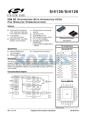 SI4136 datasheet - ISM RF SYNTHESIZER WITH INTEGRATED VCOS FOR WIRELESS COMMUNICATIONS