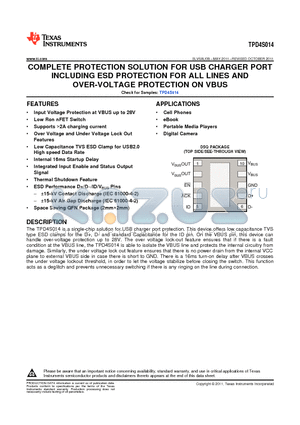 TPD4S014_1110 datasheet - COMPLETE PROTECTION SOLUTION FOR USB CHARGER PORT INCLUDING ESD PROTECTION FOR ALL LINES AND