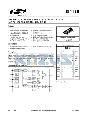 SI4136 datasheet - ISM RF SYNTHESIZER WITH INTEGRATED VCOS