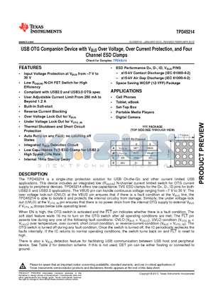 TPD4S214 datasheet - USB OTG Companion Device with VBUS Over Voltage, Over Current Protection, and Four Channel ESD Clamps