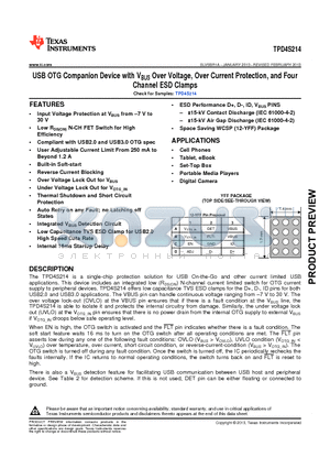 TPD4S214YFFR datasheet - USB OTG Companion Device with VBUS Over Voltage, Over Current Protection, and Four Channel ESD Clamps