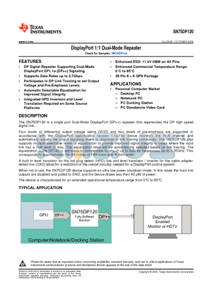 SN75DP120RHHR datasheet - DisplayPort 1:1 Dual-Mode Repeater