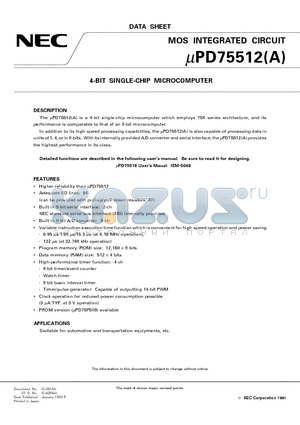 UPD75512A datasheet - 4-BIT SINGLE-CHIP MICROCOMPUTER