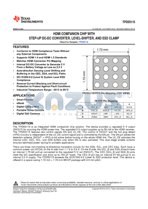 TPD5S115 datasheet - HDMI COMPANION CHIP WITH STEP-UP DC-DC CONVERTER, LEVEL-SHIFTER, AND ESD CLAMP