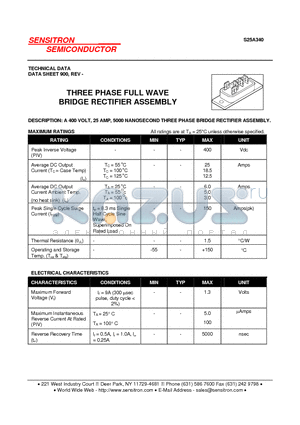 S25A340 datasheet - THREE PHASE FULL WAVE BRIDGE RECTIFIER ASSEMBLY