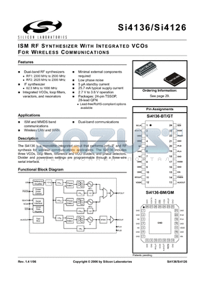 SI4136-F-BT datasheet - ISM RF SYNTHESIZER WITH INTEGRATED VCOS FOR WIRELESS COMMUNICATIONS