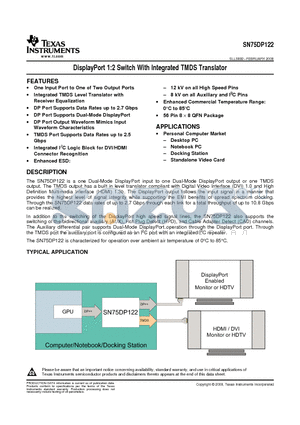 SN75DP122 datasheet - DisplayPort 1:2 Switch With Integrated TMDS Translator