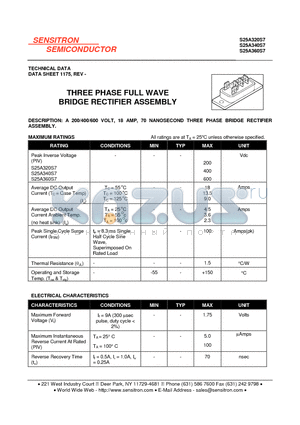 S25A360S7 datasheet - THREE PHASE FULL WAVE BRIDGE RECTIFIER ASSEMBLY