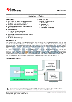 SN75DP128ARTQT datasheet - DisplayPort 1:2 Switch