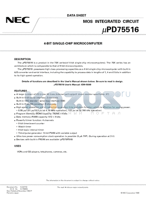 UPD75516GF-102 datasheet - 4-BIT SINGLE-CHIP MICROCOMPUTER