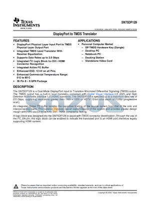 SN75DP129RHHRG4 datasheet - DisplayPort to TMDS Translator