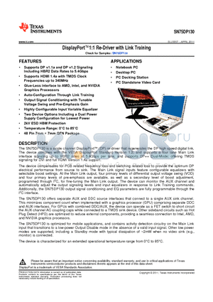 SN75DP130SSRGZR datasheet - DisplayPort1:1 Re-Driver with Link Training