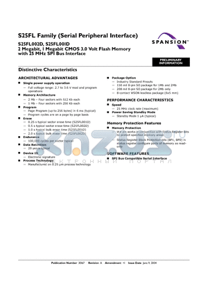 S25FL001D0FMAI011 datasheet - 2 Megabit, 1 Megabit CMOS 3.0 Volt Flash Memory with 25 MHz SPI Bus Interface