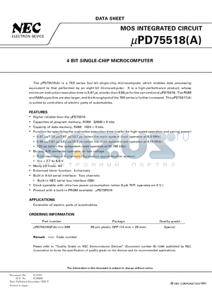 UPD75518GFA datasheet - 4 BIT SINGLE-CHIP MICROCOMPUTER