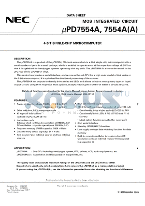 UPD7554AGA datasheet - 4-BIT SINGLE-CHIP MICROCOMPUTER