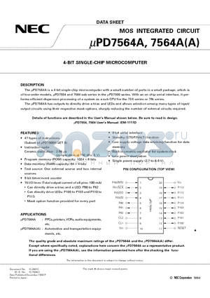 UPD7564 datasheet - 4-BIT SINGLE-CHIP MICROCOMPUTER