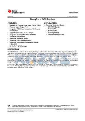 SN75DP139RGZR datasheet - DisplayPort to TMDS Translator