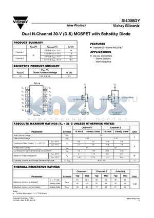 SI4308DY datasheet - Dual N-Channel 30-V (D-S) MOSFET with Schottky Diode