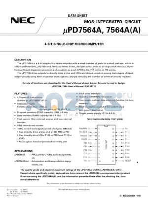 UPD7564ACSA datasheet - 4-BIT SINGLE-CHIP MICROCOMPUTER