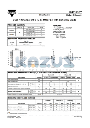 SI4310BDY-T1-E3 datasheet - Dual N-Channel 30-V (D-S) MOSFET with Schottky Diode