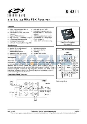 SI4311-B10-GM datasheet - 315/433.92 MHZ FSK RECEIVER