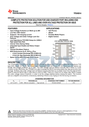 TPD4S014DSQR datasheet - COMPLETE PROTECTION SOLUTION FOR USB CHARGER PORT INCLUDING ESD
