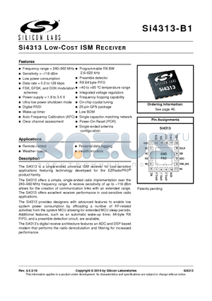 SI4313-B1 datasheet - Si4313 LOW-COST ISM RECEIVER