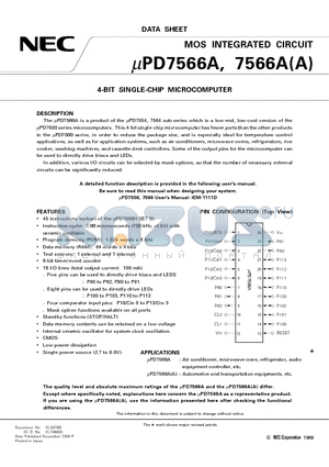 UPD7566ACSA datasheet - 4-BIT SINGLE-CHIP MICROCOMPUTER