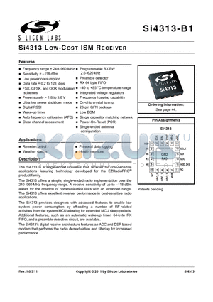 SI4313-B1 datasheet - Si4313 LOW-COST ISM RECEIVER