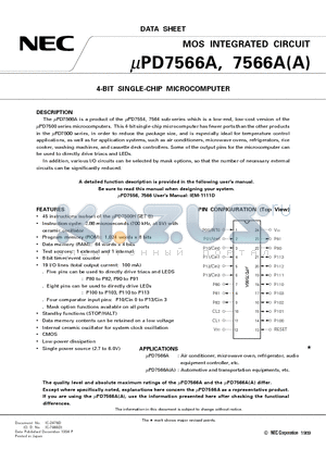 UPD7566A datasheet - 4-BIT SINGLE-CHIP MICROCOMPUTER