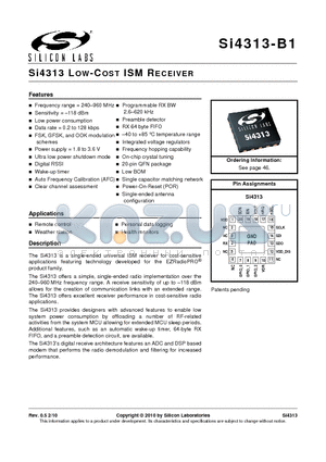 SI4313 datasheet - Si4313 LOW-COST ISM RECEIVER