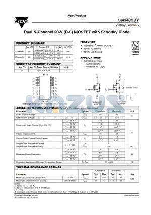 SI4340CDY datasheet - Dual N-Channel 20-V (D-S) MOSFET with Schottky Diode