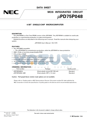 UPD75P048 datasheet - 4-BIT SINGLE-CHIP MICROCOMPUTER