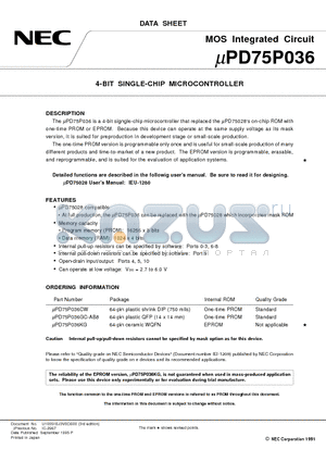 UPD75P036CW datasheet - 4-BIT SINGLE-CHIP MICROCONTROLLER