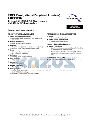 S25FL004D0LNAI011 datasheet - 4 Megabit CMOS 3.0 Volt Flash Memory with 50 Mhz SPI Bus Interface