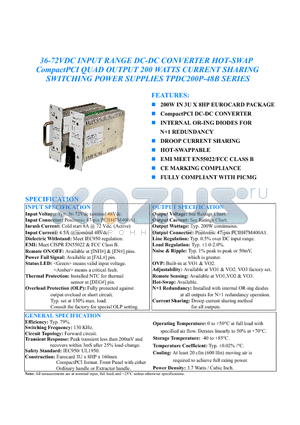 TPDC200P-48B-490 datasheet - 36-72VDC INPUT RANGE DC-DC CONVERTER HOT-SWAP CompactPCI QUAD OUTPUT 200 WATTS CURRENT SHARING SWITCHING POWER SUPPLIES TPDC200P-48B SERIES