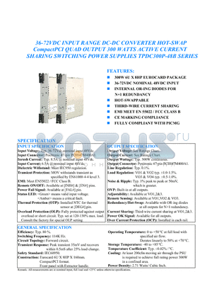 TPDC300P-48B datasheet - 36-72VDC INPUT RANGE DC-DC CONVERTER HOT-SWAP CompactPCI QUAD OUTPUT 300 WATTS ACTIVE CURRENT SHARING SWITCHING POWER SUPPLIES TPDC300P-48B SERIES