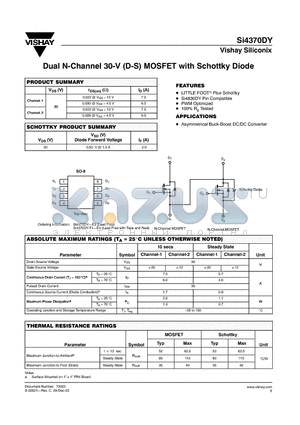 SI4370DY datasheet - Dual N-Channel 30-V (D-S) MOSFET with Schottky Diode