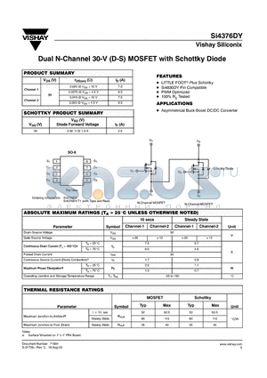 SI4376DY datasheet - Dual N-Channel 30-V (D-S) MOSFET with Schottky Diode