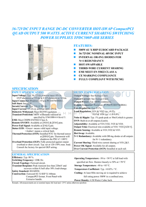 TPDC500P-48B datasheet - 36-72VDC INPUT RANGE DC-DC CONVERTER HOT-SWAP CompactPCI QUAD OUTPUT 500 WATTS ACTIVE CURRENT SHARING SWITCHING POWER SUPPLIES TPDC500P-48B SERIES