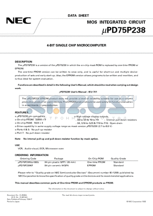 UPD75P238GJ-5BG datasheet - 4-BIT SINGLE CHIP MICROCOMPUTER