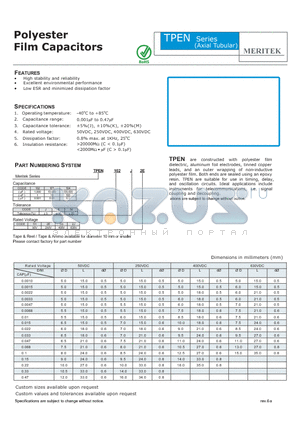 TPEN datasheet - Polyester Film Capacitors