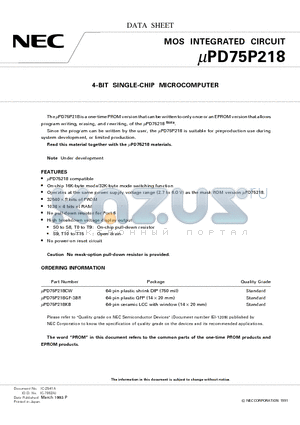 UPD75P218CW datasheet - 4-BIT SINGLE-CHIP MICROCOMPUTER