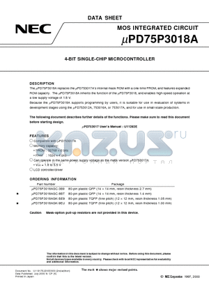 UPD75P3018AGC-8BT datasheet - 4-BIT SINGLE-CHIP MICROCONTROLLER