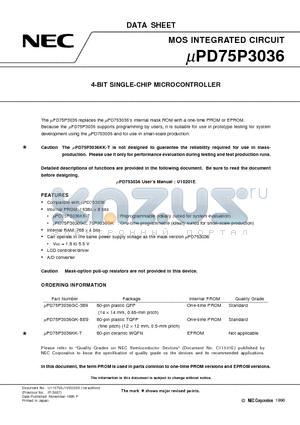 UPD75P3036KK-T datasheet - 4-BIT SINGLE-CHIP MICROCONTROLLER