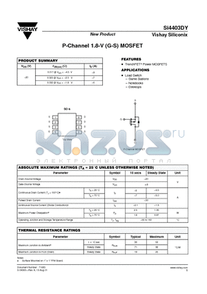 SI4403DY datasheet - P-Channel 1.8-V (G-S) MOSFET