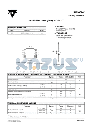 SI4405DY datasheet - P-Channel 30-V (D-S) MOSFET