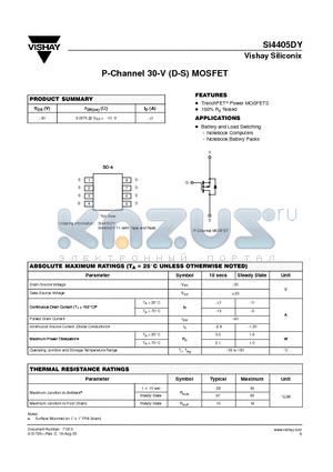 SI4405DY-T1 datasheet - P-Channel 30-V (D-S) MOSFET