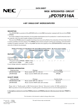 UPD75P316 datasheet - 4-BIT SINGLE-CHIP MICROCOMPUTER